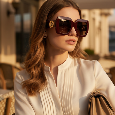 Gucci Oversized Square Sunglasses Burgundy Gold GG Logo